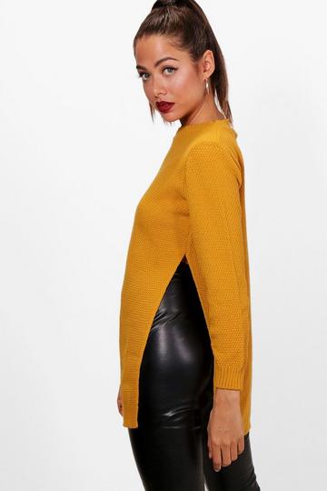 Mustard Yellow Side Split Moss Stitch Tunic Sweater