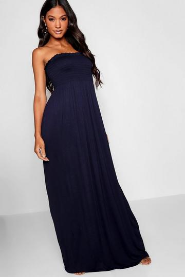 Navy Shirred Bandeau Maxi Dress