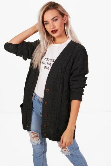 Cable Boyfriend Button Up Cardigan charcoal