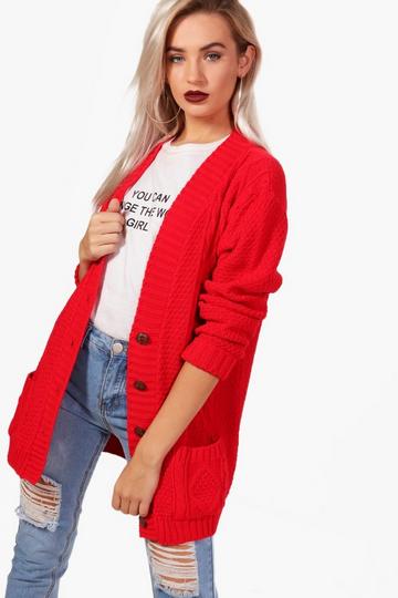 Red Cable Boyfriend Button Up Cardigan