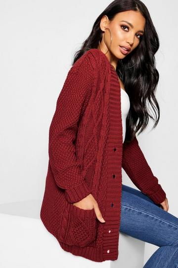 Wine Red Cable Boyfriend Button Up Cardigan