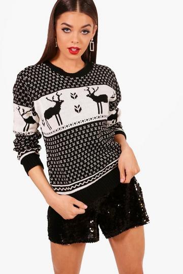 Snowflake and Reindeer Knitted Christmas Jumper black