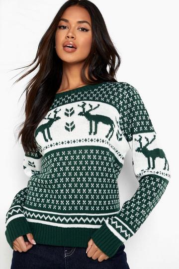 Green Snowflake and Reindeer Knitted Christmas Jumper