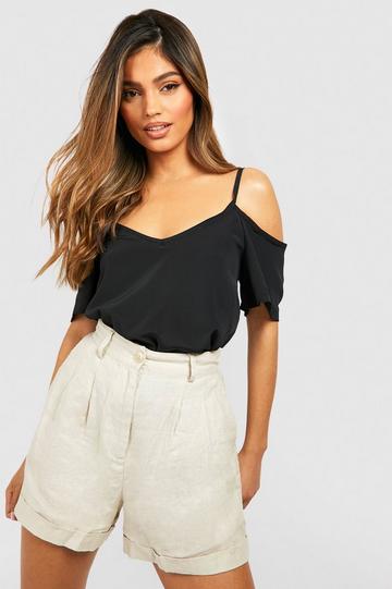 Black Woven Strappy Open Shoulder Top