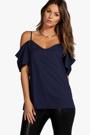 Woven Strappy Open Shoulder Top navy