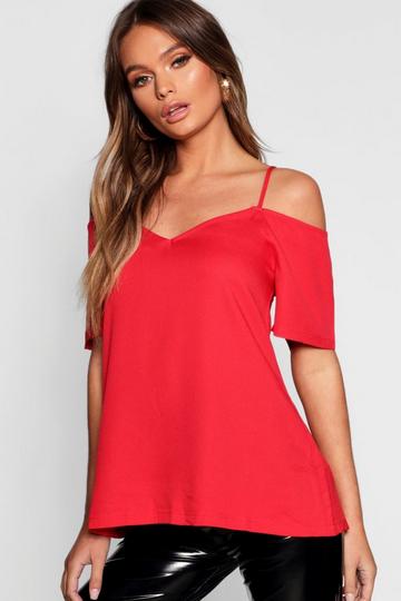 Woven Strappy Open Shoulder Top red