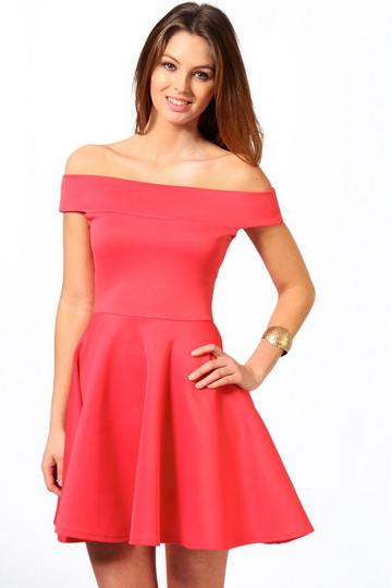 Coral Pink Off The Shoulder Skater Dress