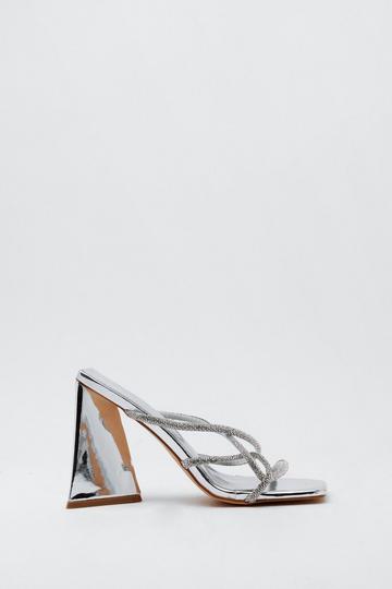 Square Toe Diamante Strap Heeled Mules silver