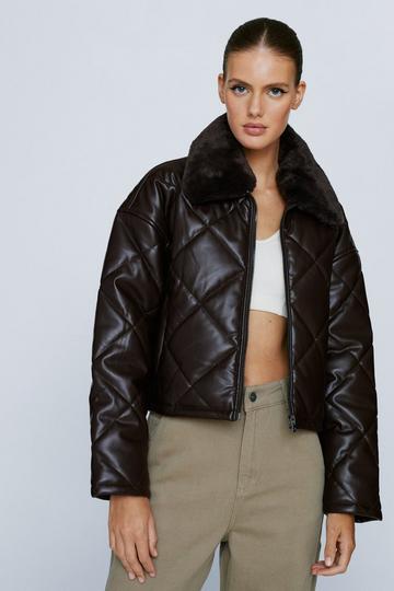 Brown Faux Leather Quilted Faux Fur Collar Jacket
