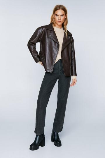 Brown Faux Leather Oversized Biker Jacket