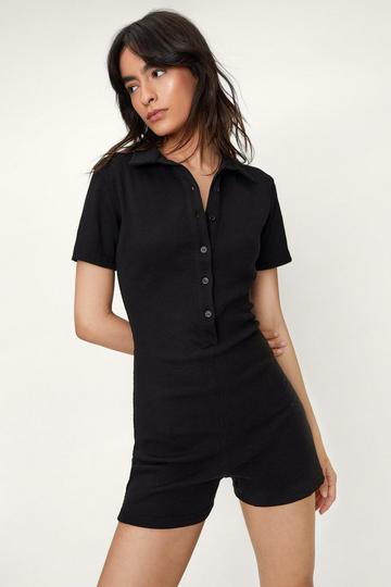 Ribbed Collar Button Down Romper black