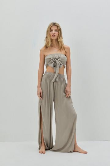 Stone Beige Crinkle Split Wide Leg Cover Up Pants