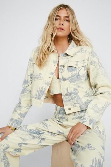 White Landscape Print Oversized Denim Jacket