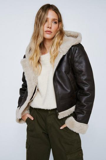 Brown Borg Lined Hooded Shrunken Aviator Jacket