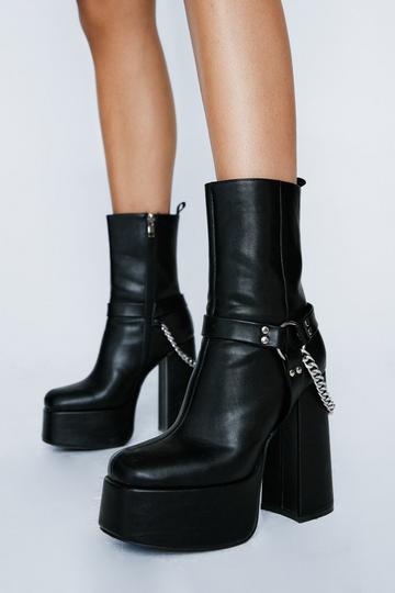 Black Faux Leather Chain Detail Platform Boots