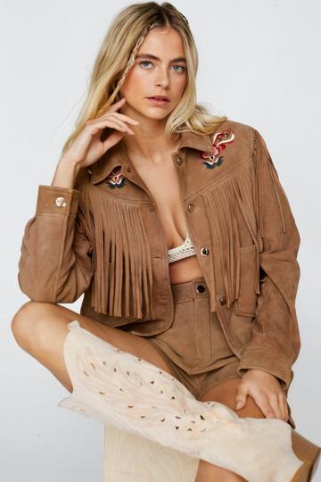 Brown Suede Fringed Embroidered Jacket
