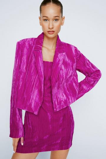 Cropped Textured Velvet Blazer hot pink