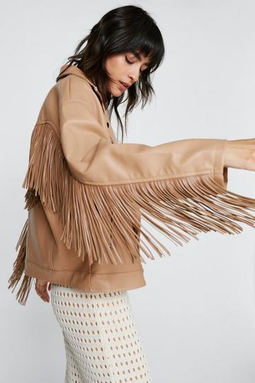 Brown Faux Leather Oversized Fringed Moto Jacket