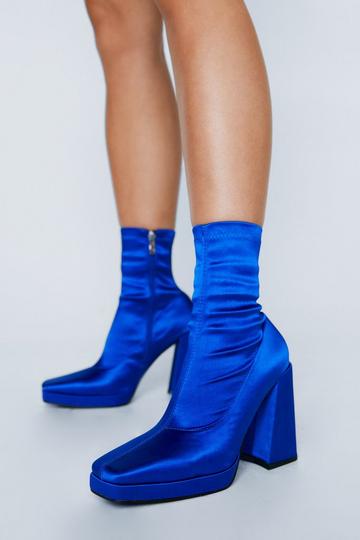 Blue Satin Square Toe Ankle Sock Boot