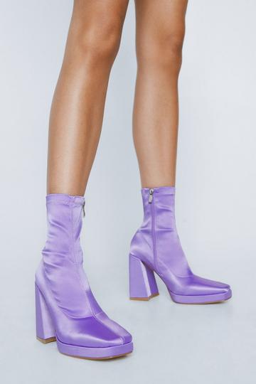 Lilac Purple Satin Square Toe Ankle Sock Boots