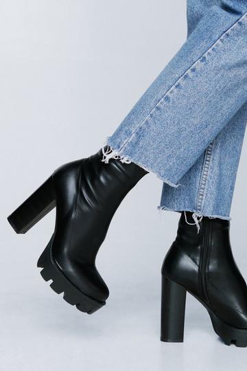 Black Faux Leather Platform Chunky Sock Boots