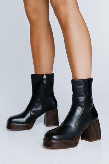Black Faux Leather Platform Sock Boots