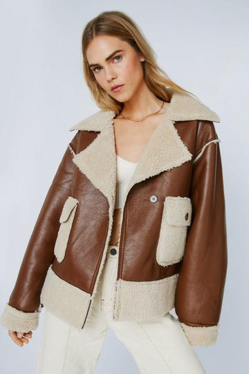 Brown Faux Leather Borg Lined Aviator Coat