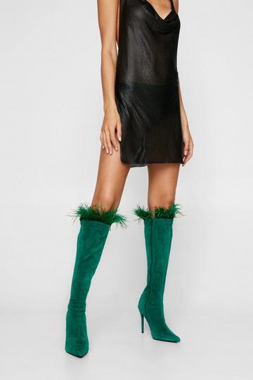 Faux Leather Feather Trim Knee High Boots green