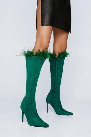 Faux Leather Feather Trim Knee High minimalistas Femme green