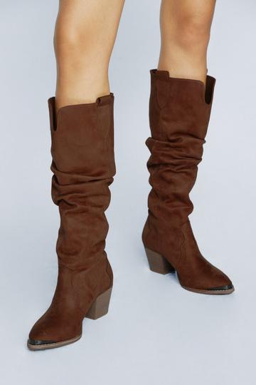 Faux Suede Metal Tip Cowboy Boot tan