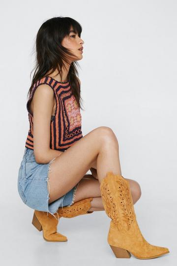 Yellow Faux Suede Cut Out Western Boots