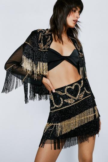 Tassel Beaded Detail Mini Skirt black