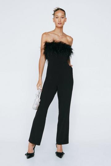 Petite Bandeau Feather Trim Jumpsuit black