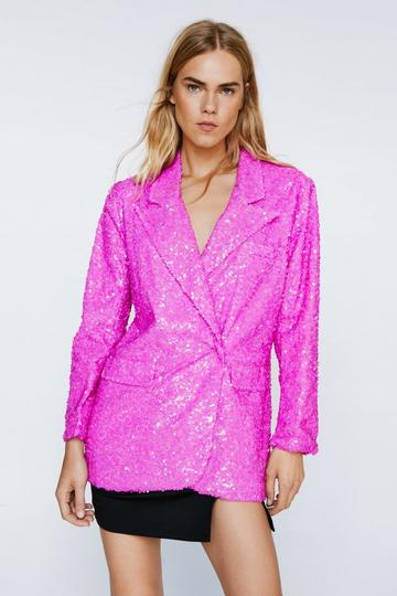Sequin Notched Lapel Oversized Blazer hot pink