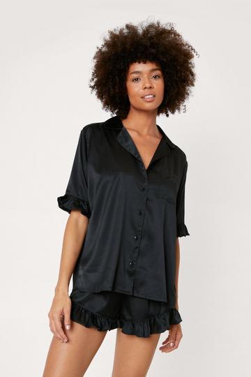 Black Satin Ruffle Short Pajama Set