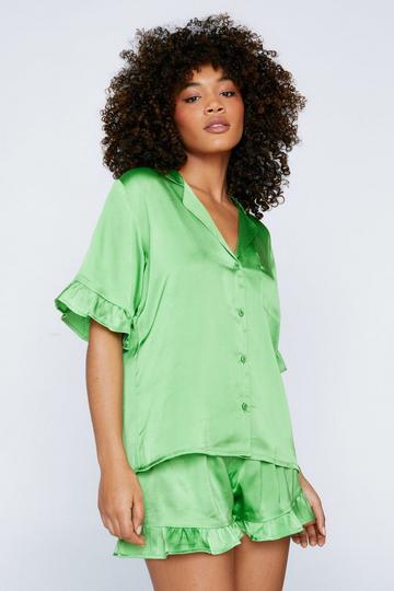 Satin Ruffle Short Pajama Set green