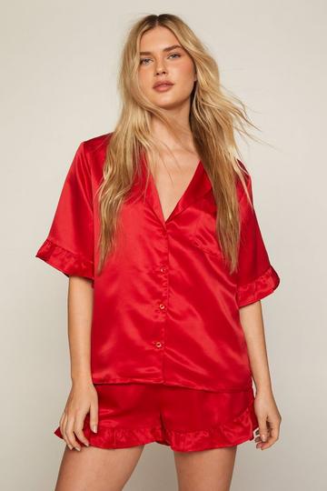 Red Satin Ruffle Short Pajama Set