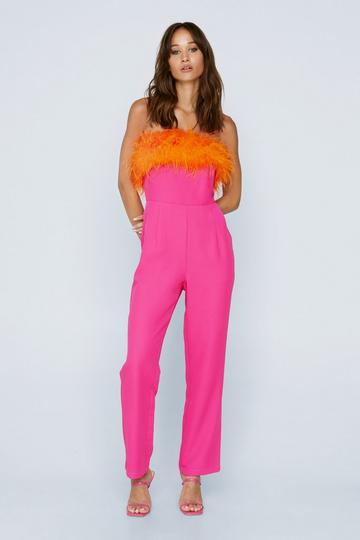 Petite Bandeau Feather Trim Jumpsuit pink