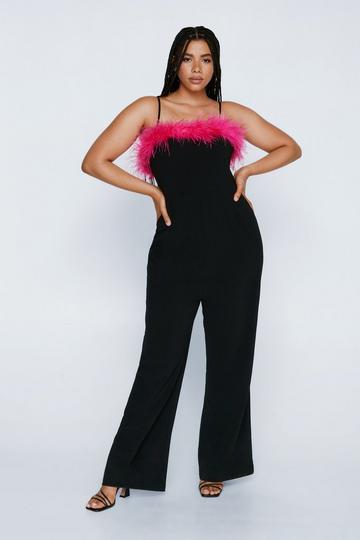 Plus Size Feather Trimmed Flared Jumpsuit black