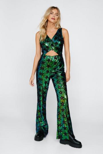Star Sequin Cut Out Flare Jumpsuit green