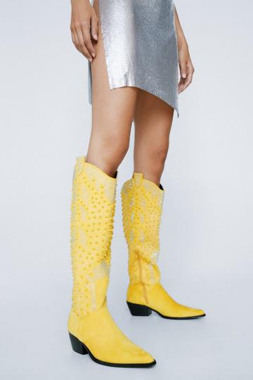 Yellow Faux Suede Rhinestone Cowboy Boots