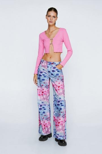 Pink Floral Print Slouchy Wide Leg Jeans