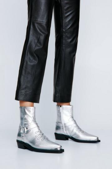 Real Leather Harness Ankle Western Boot silver