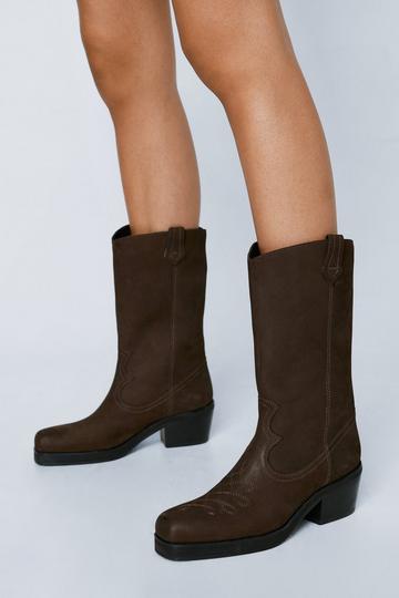 Brown Real Leather Square Toe Western Boots