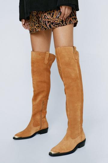 Real Suede Thigh High Metal Cowboy Boot tan