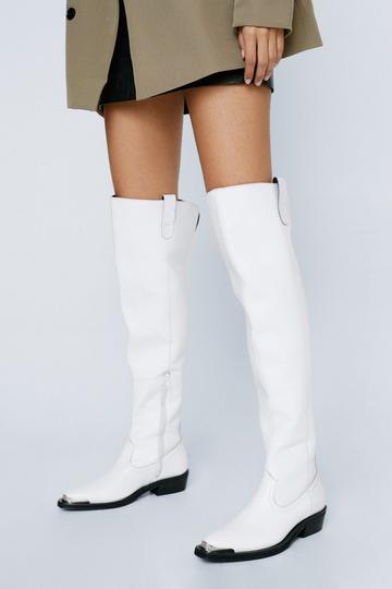 Real Leather Thigh High Metal Western Boot white