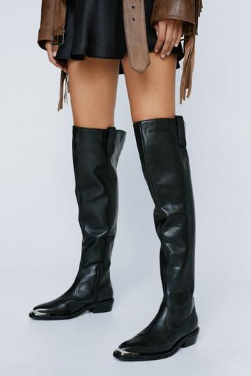 Real Leather Thigh High Metal Cowboy Boot black