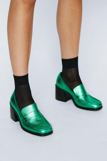 Premium Leather Metallic Heeled Loafer green