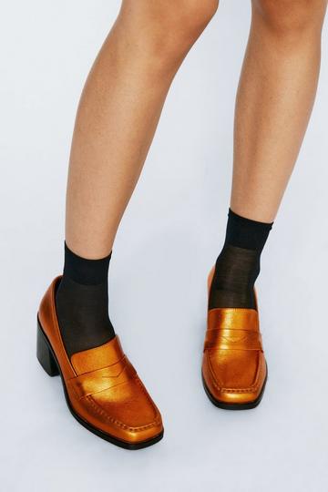 Premium Leather Metallic Heeled Loafer orange