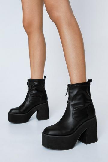 Black Faux Leather Zip Front Platform Ankle Boot